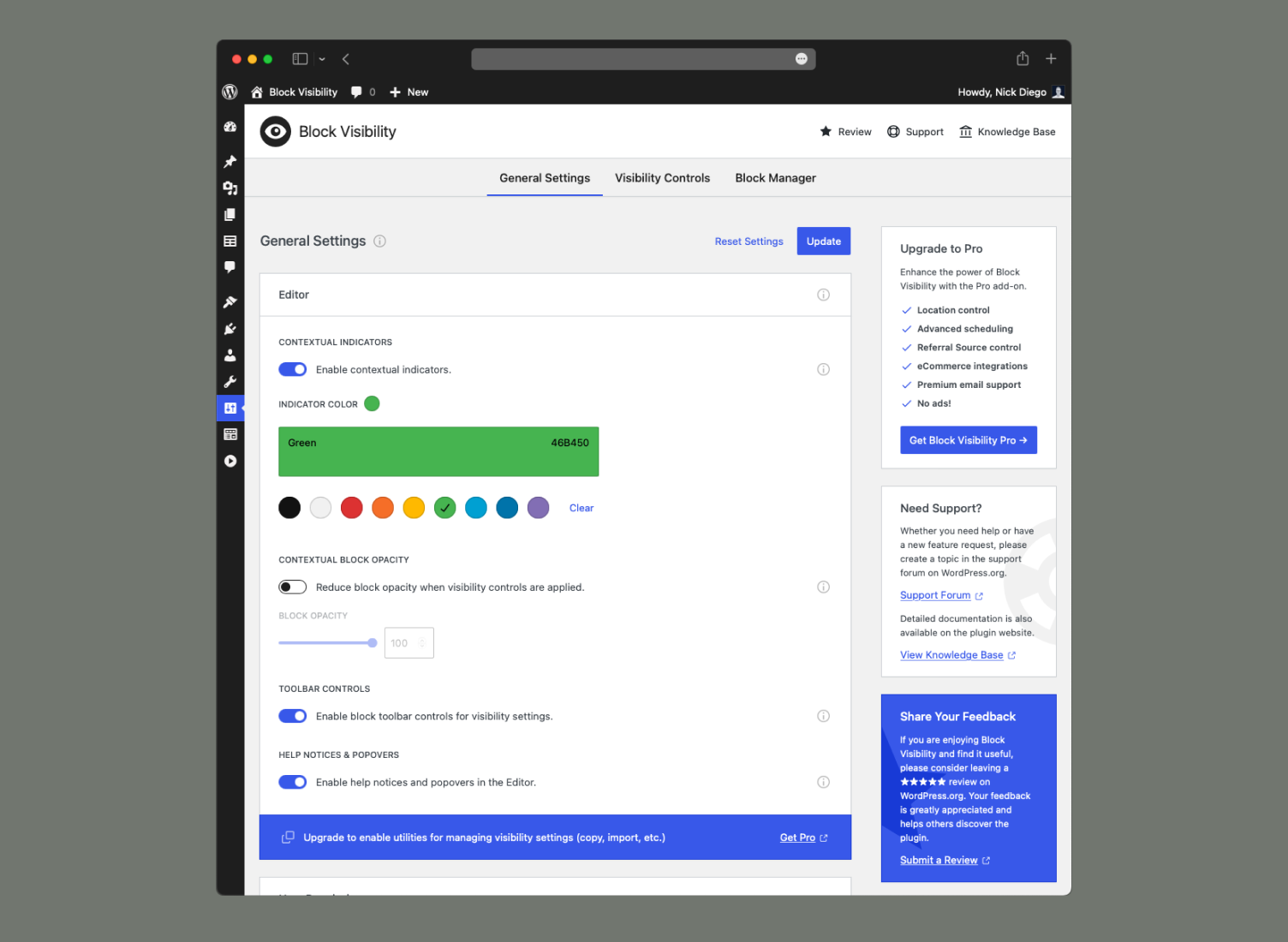 General plugin settings to enable/disable certain functionality, including user permissions and Full Control Mode.