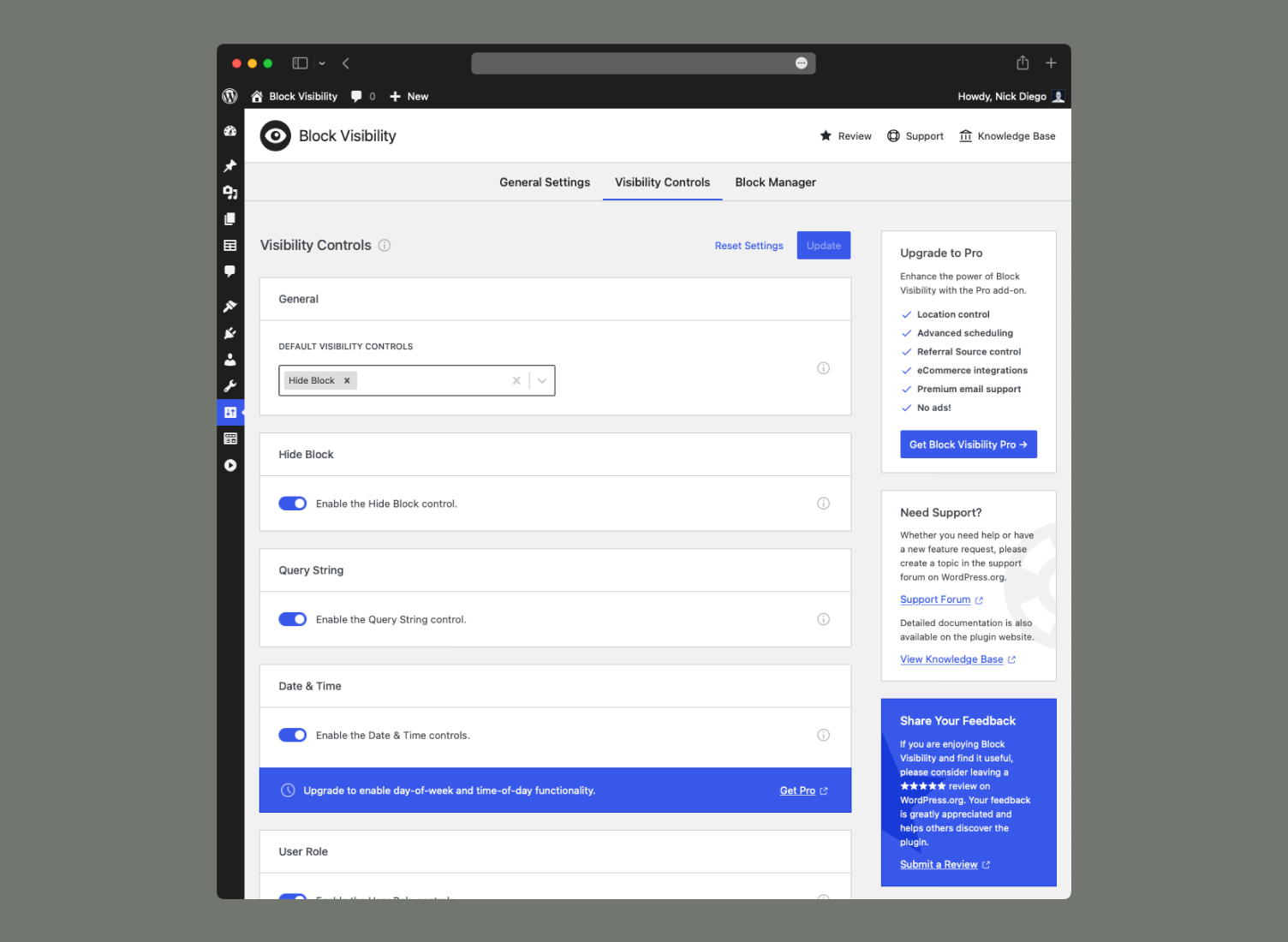 Choose which conditional visibility controls you want to use on your site.