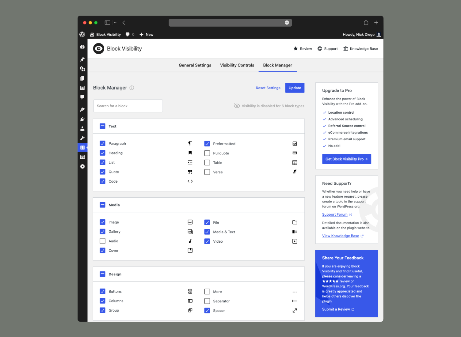 Disable or enable conditional visibility on certain block types with the Block Manager.