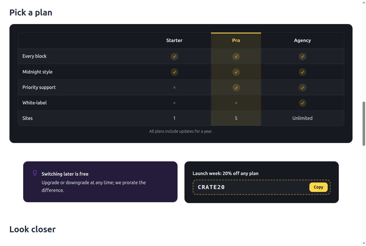 A Comparison Table with a highlighted plan, a Notice and a Copy Code coupon.