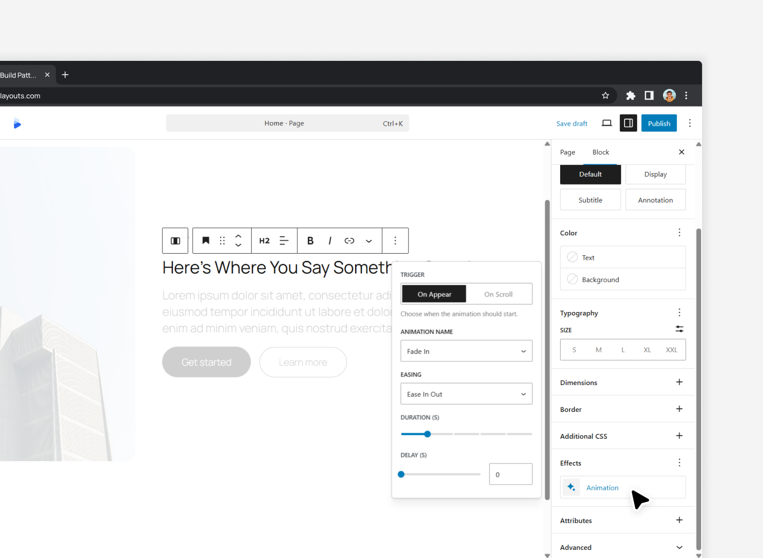 Add stunning animations and visual effects to any block with our comprehensive effects controls.