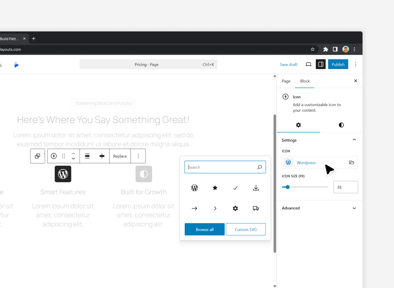 Create and customize icon blocks with full control over size, color, styling, and positioning.
