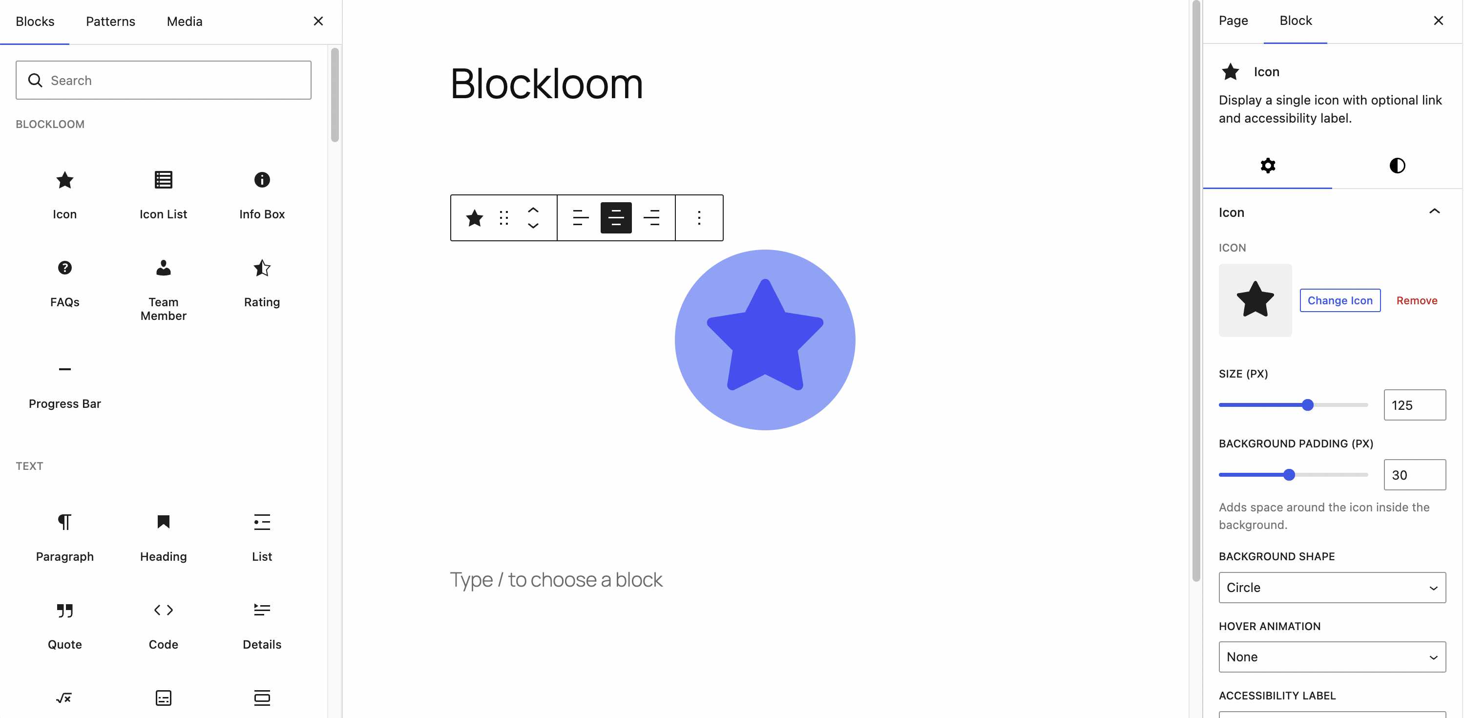 Icon block with background shape, hover colour, and animation settings