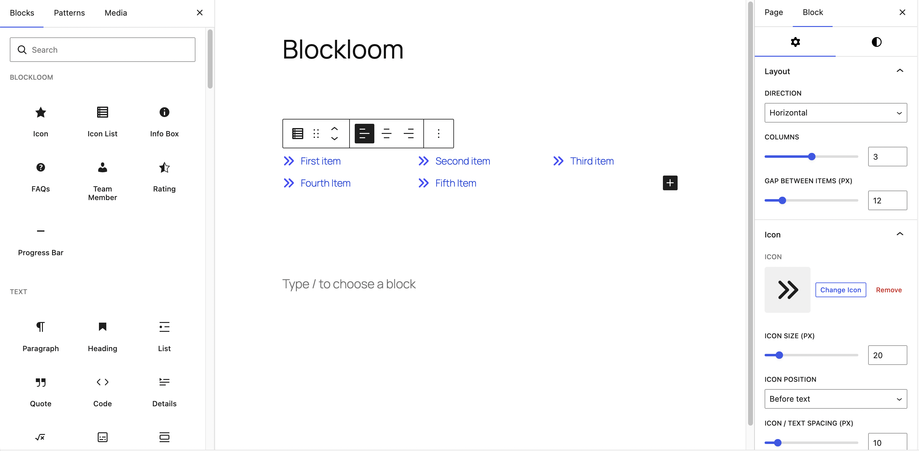 Icon List block in horizontal layout with multiple columns