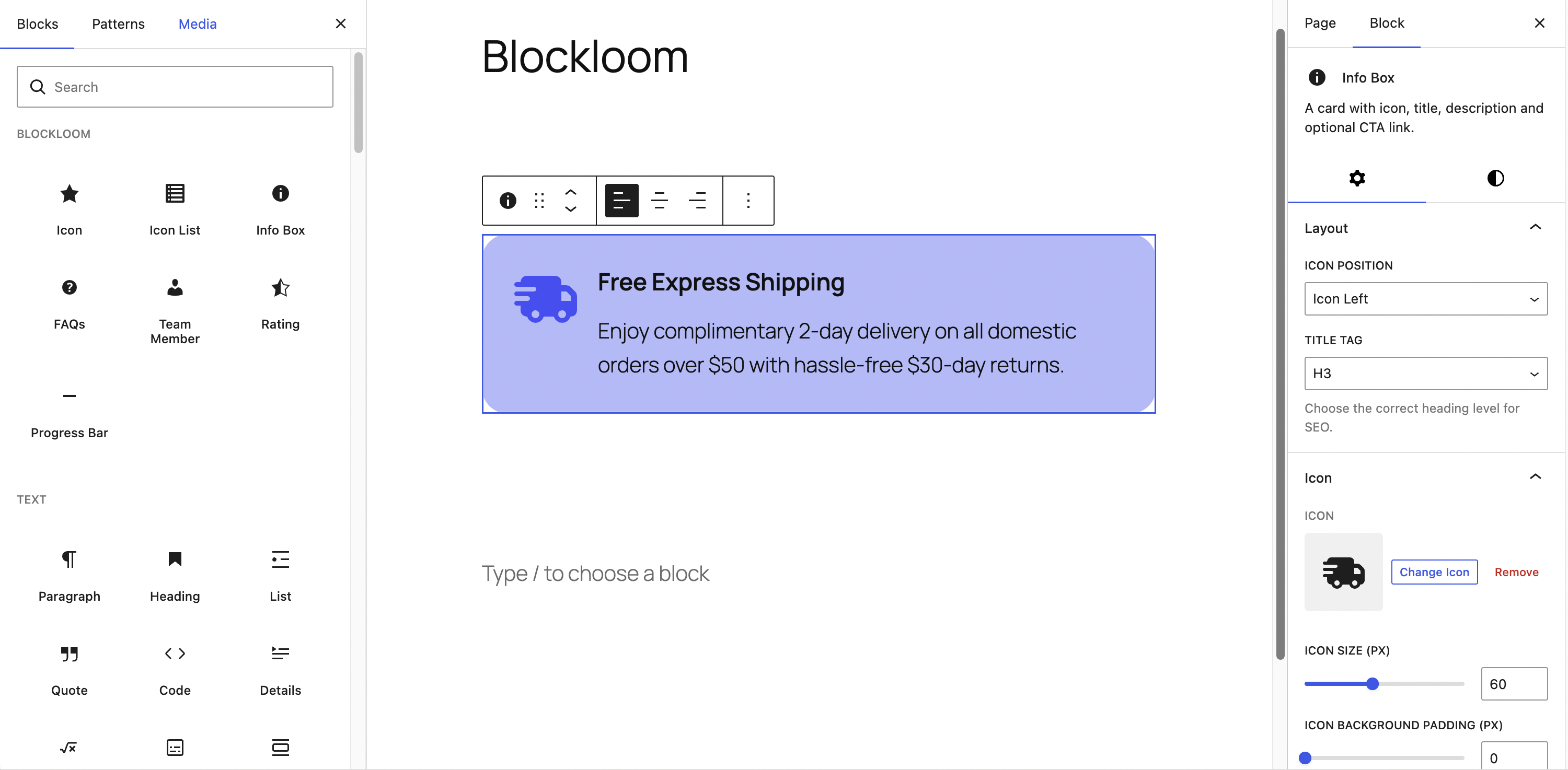 Info Box block with icon left layout and hover states