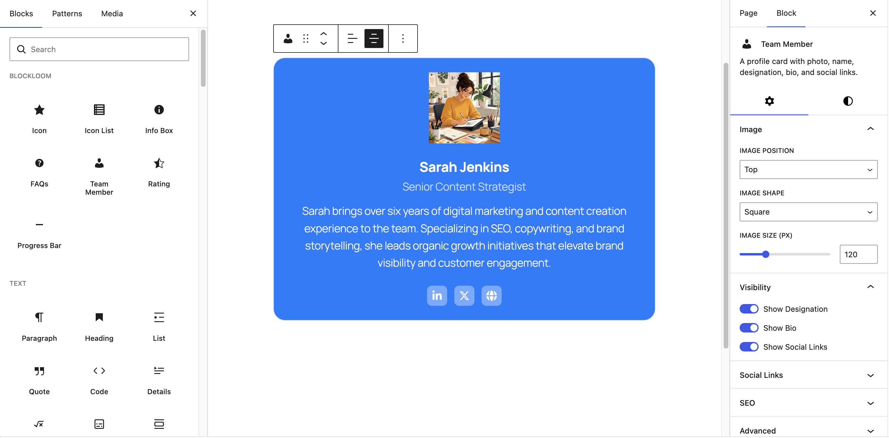 Team Member block with social links and circle image