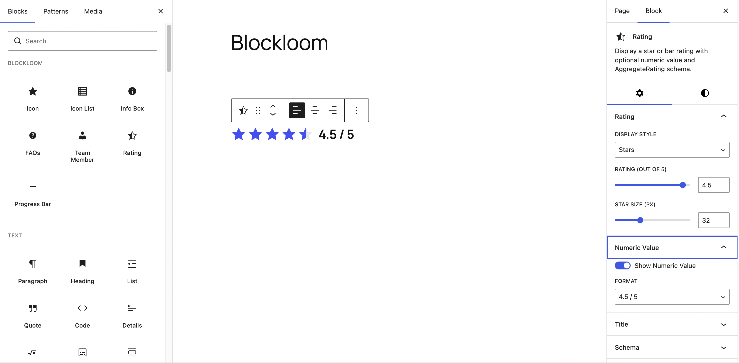 Rating block — star style with half star and numeric value