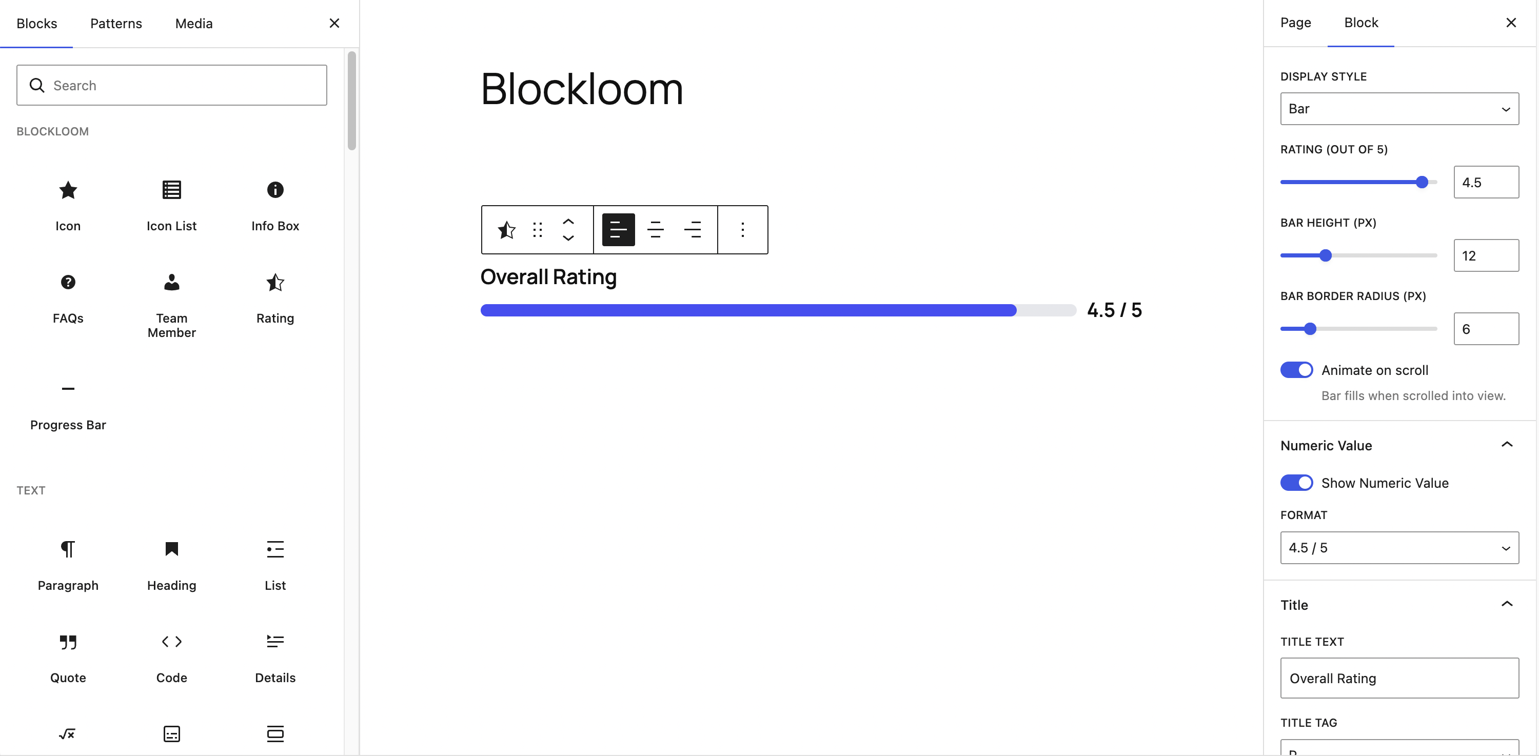 Rating block — bar style with scroll animation