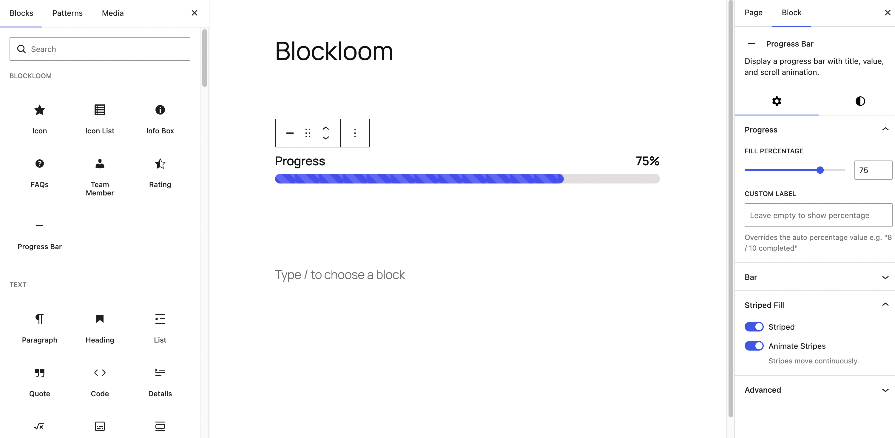 Progress Bar block with striped fill and custom label