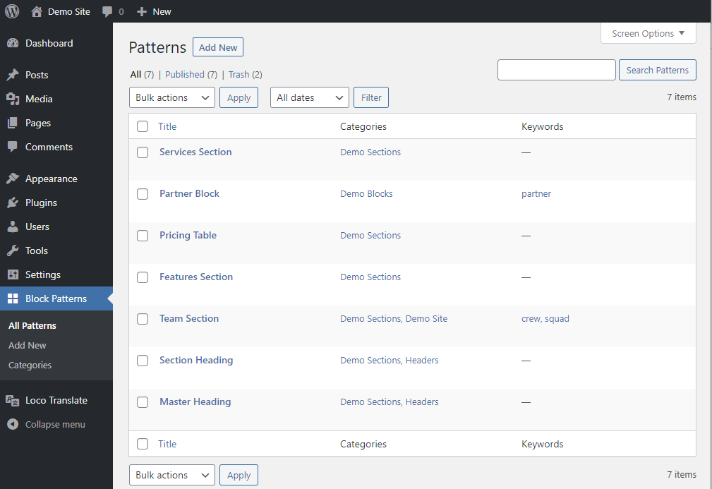 Block patterns list table screen.