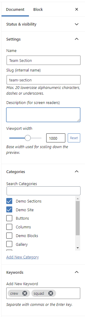 Block pattern settings sidebar.