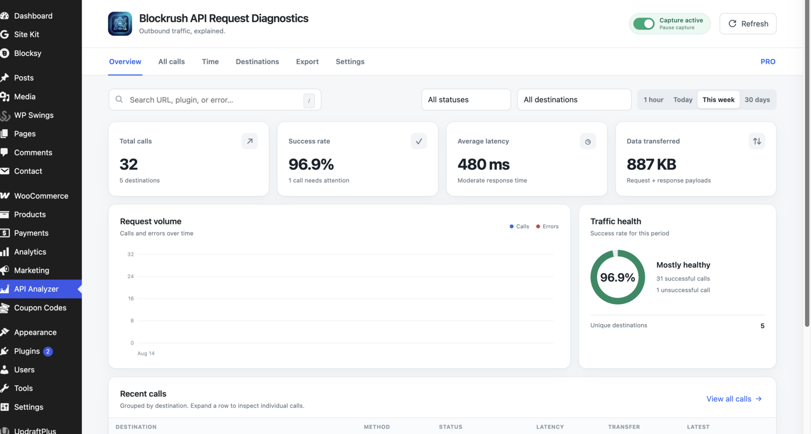 Overview analytics with request volume, traffic health, and recent calls grouped by destination.
