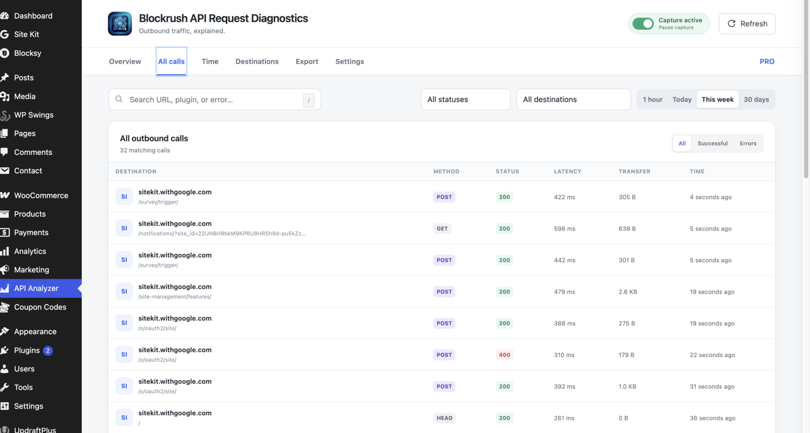 All outbound calls with successful-call and error filters plus latency and transfer details.