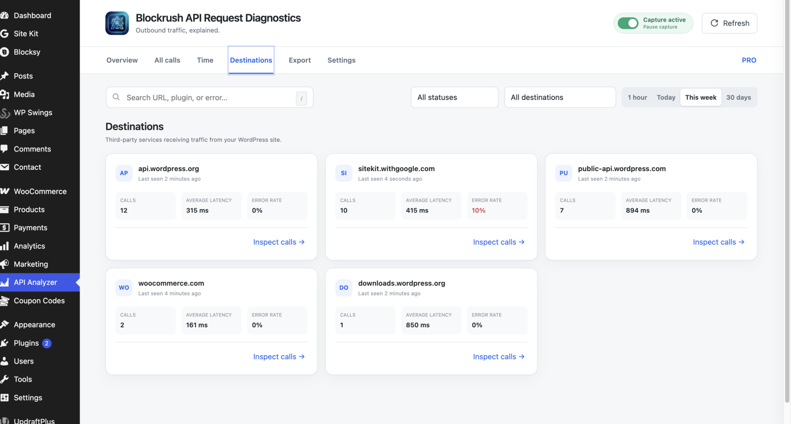 Destination analytics with call totals, latency, error rate, and last-seen activity.