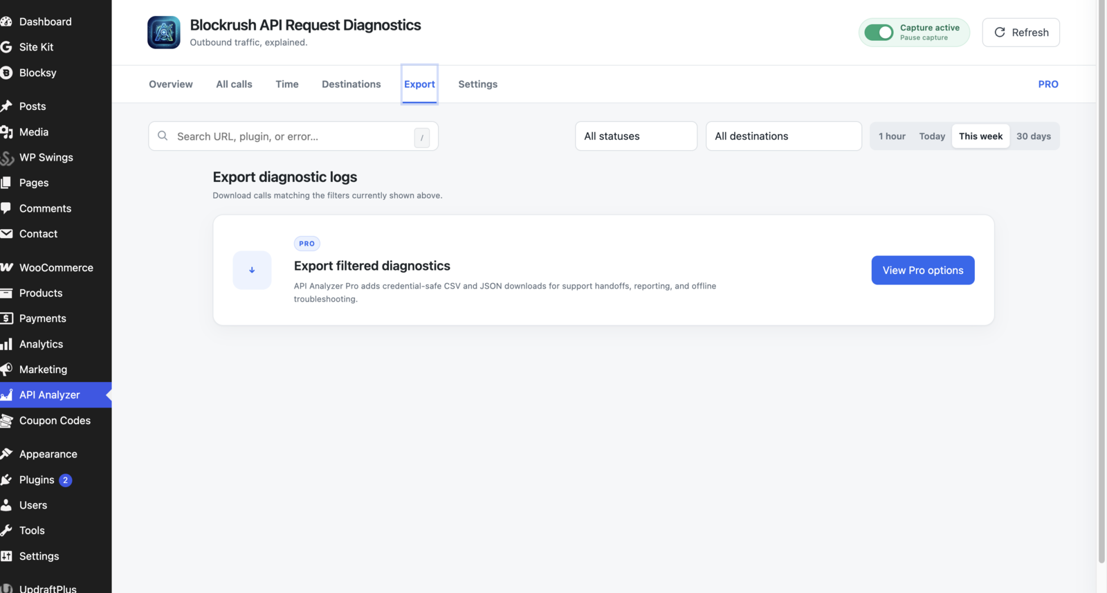 The Export tab showing the optional Pro upgrade for filtered CSV and JSON diagnostics.