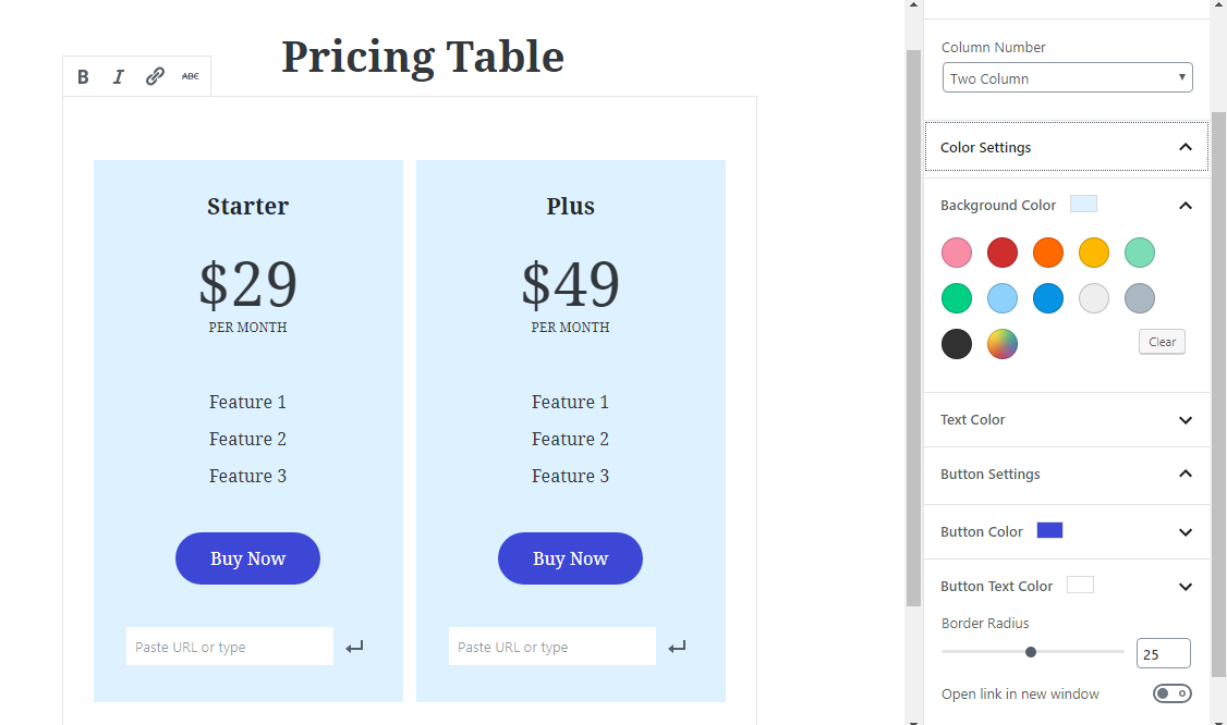 Pricing Table: Backend Options to customize background color, button settings, etc.