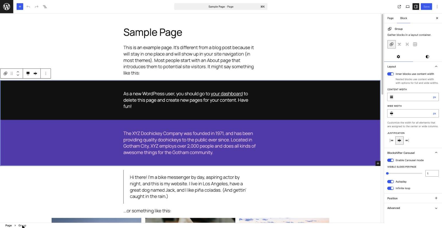 The Blockshifter Carousel panel in the Inspector of a Group block, with the Carousel mode enabled and its settings (slides per page, autoplay, infinite loop) visible.