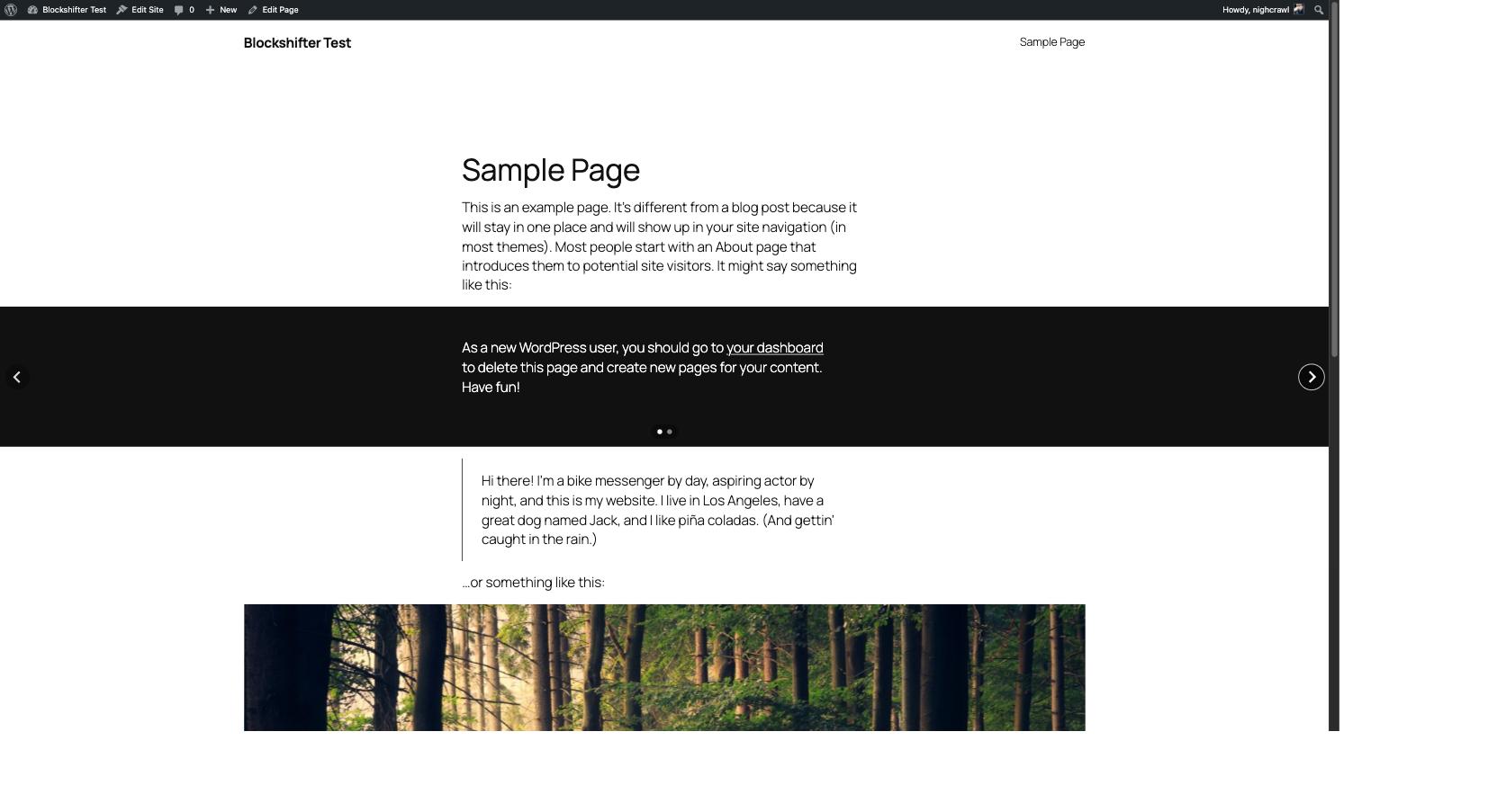 A Group block rendered as a full-width Carousel on the front end.