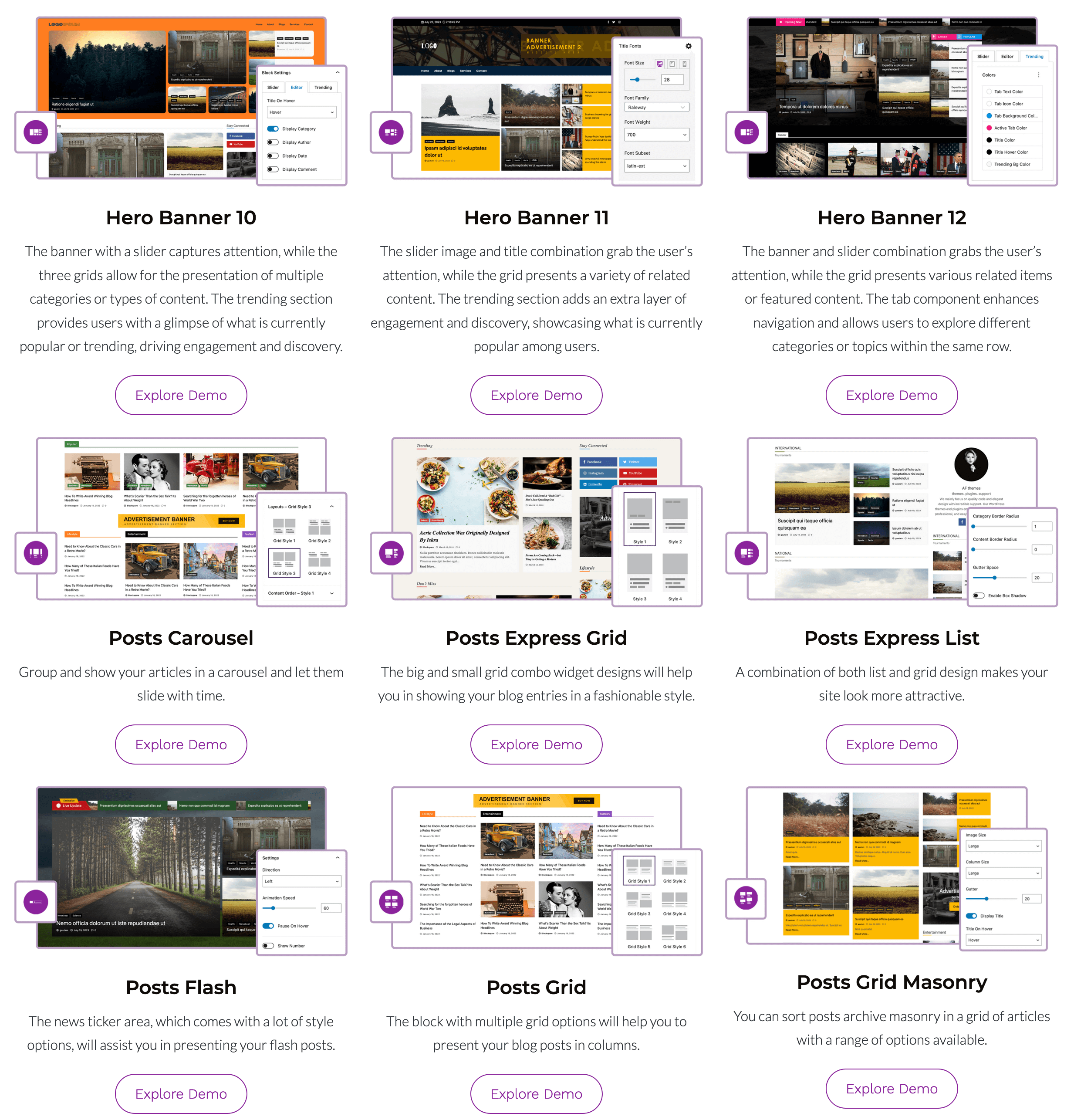 Post Blocks - Post Grid, Post List, Express Grid and List, Ticker News, Masonry