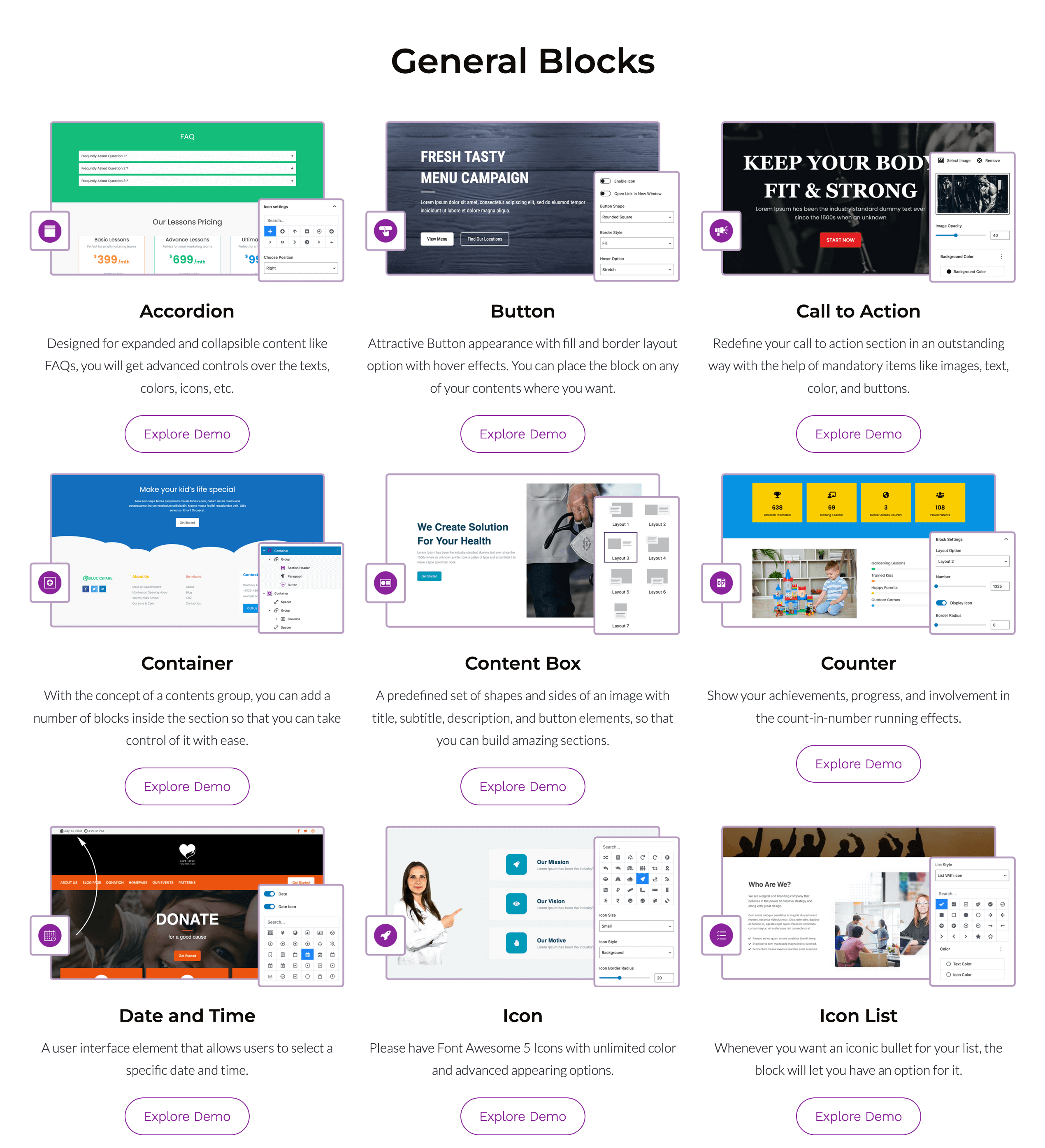 General Blocks - Accordion, Button, Call to Action, Counter, Container, Content Box, Icon List