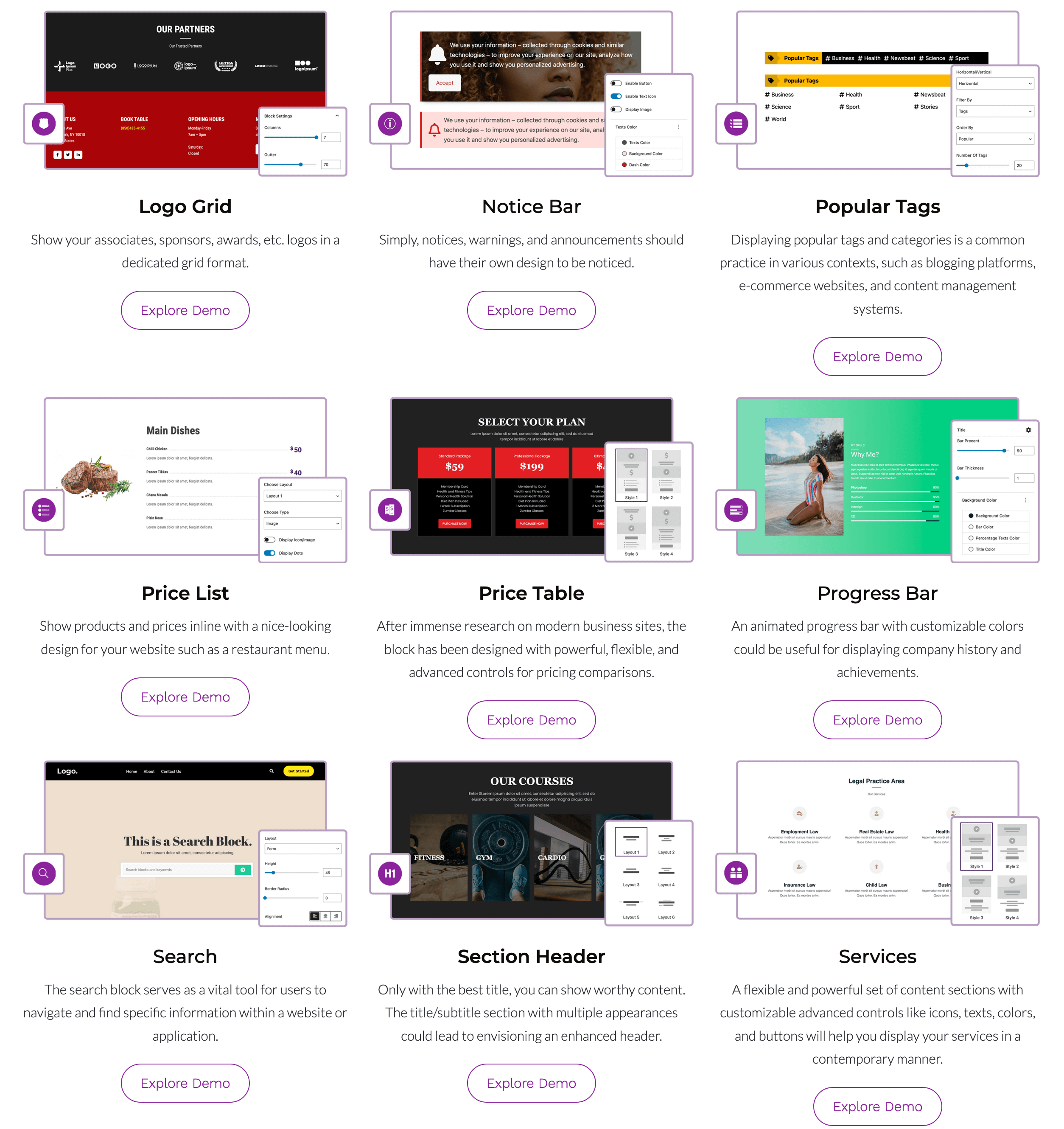 General Blocks - Price Table, Services, Progress Bar, Notice Bar, Search, Section Header