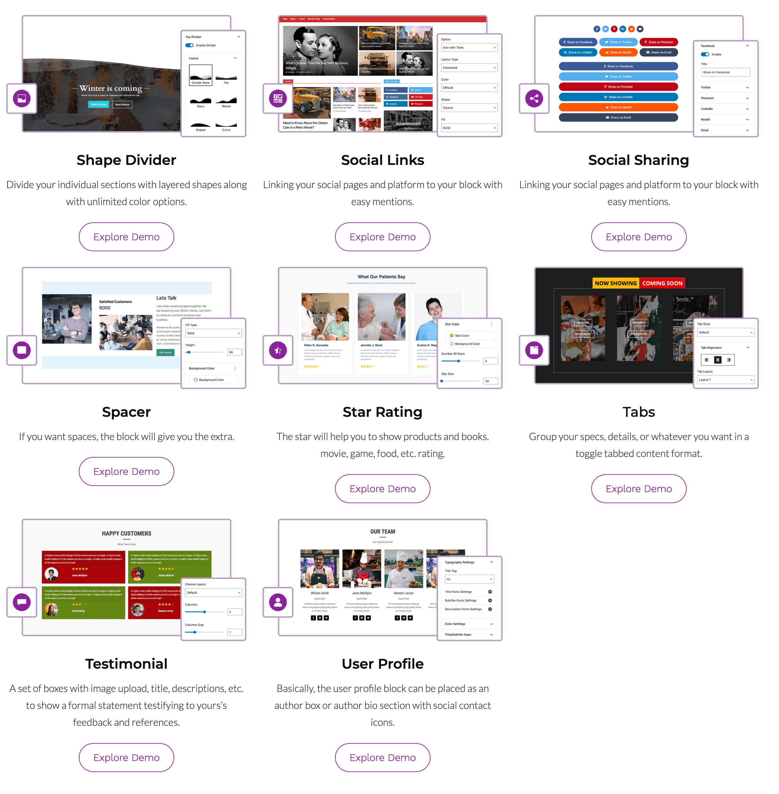 General Blocks - Social Links, Social Share, Star Rating, Testimonials, Tabs, User Profile