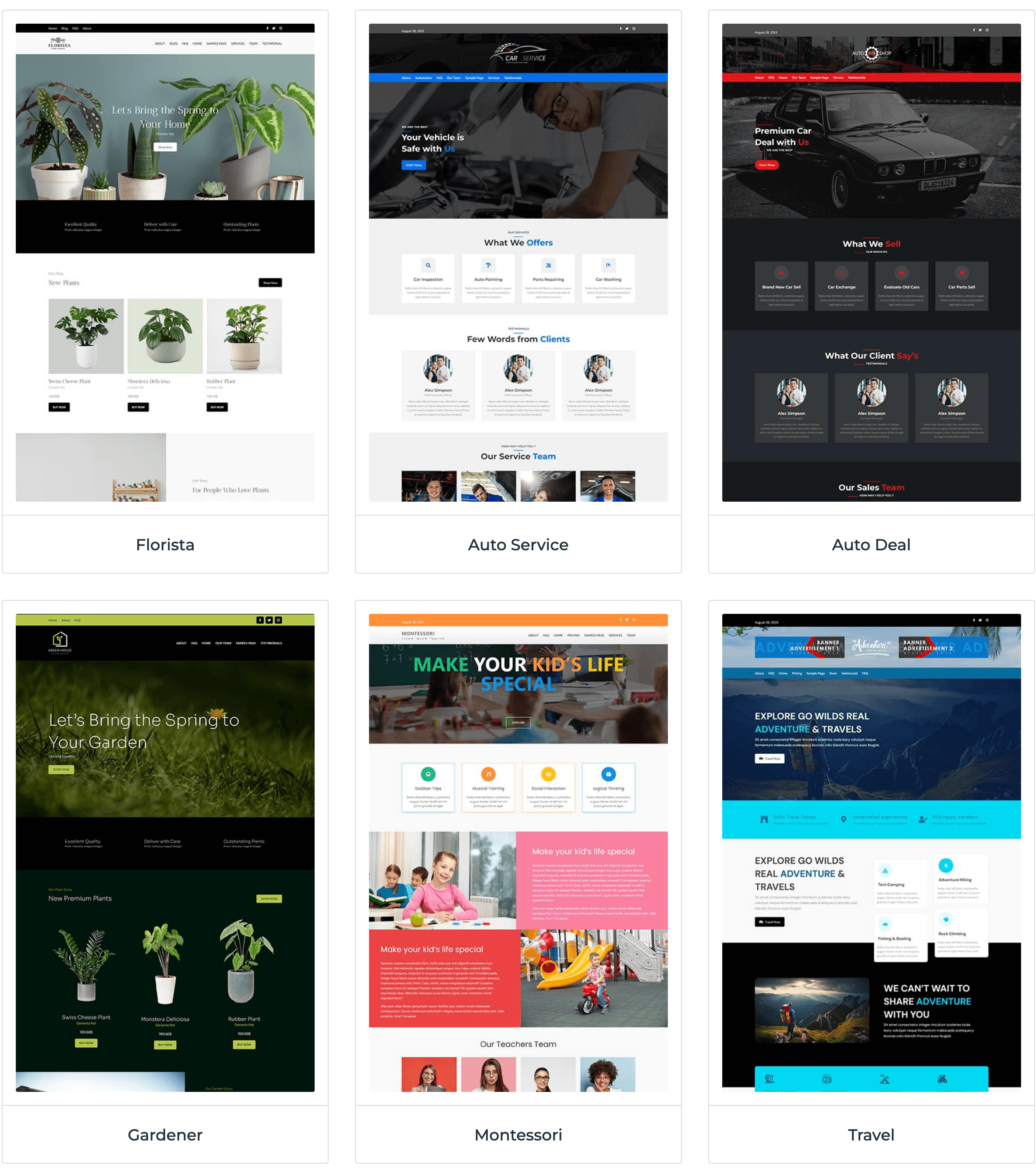 Expert-Designed Templates - Flower, Auto Service, Auto Deal, Garderner, Montessori, Travel