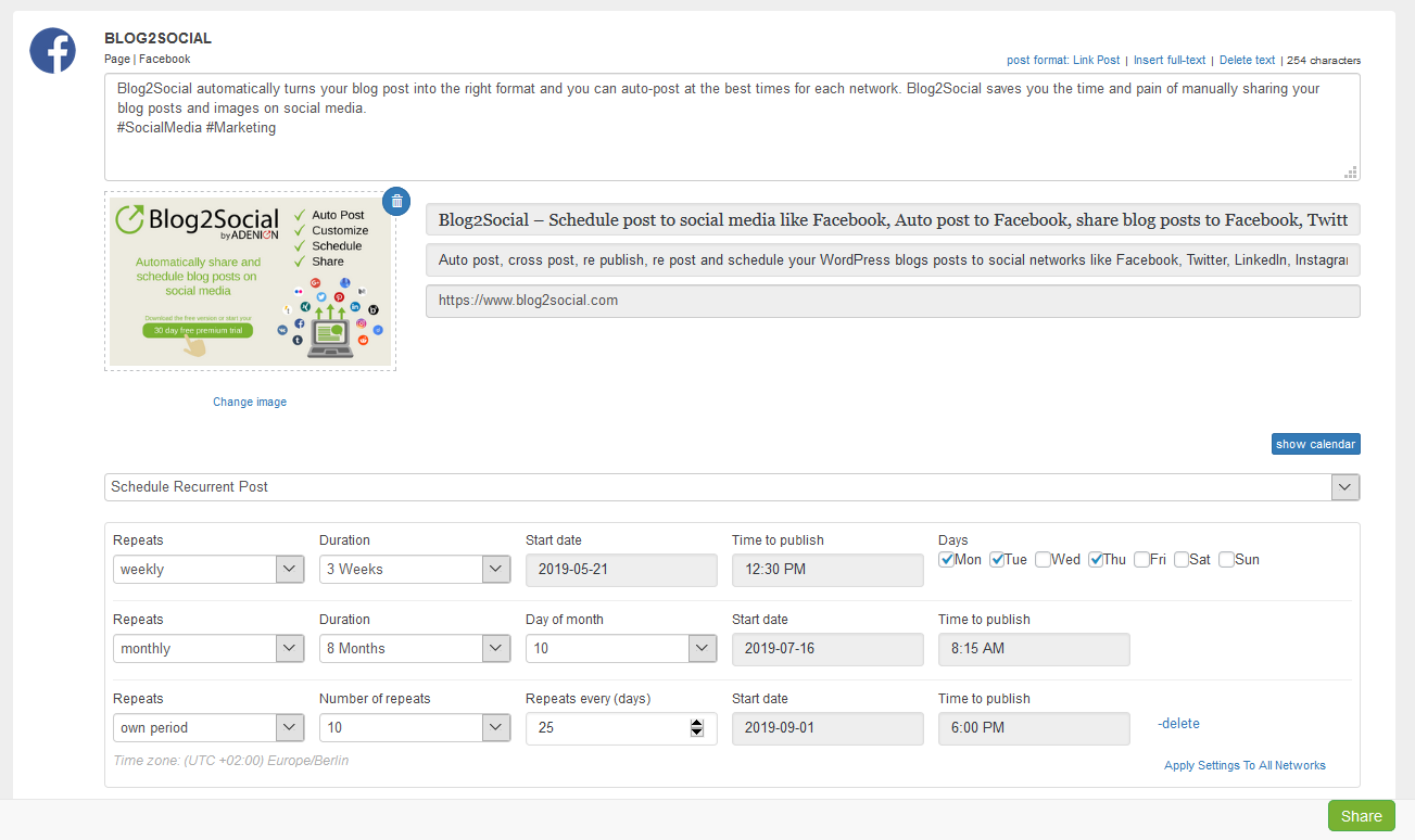 Schedule posts recurrently. Select the duration in weeks, months or create your own repeated scheduling.