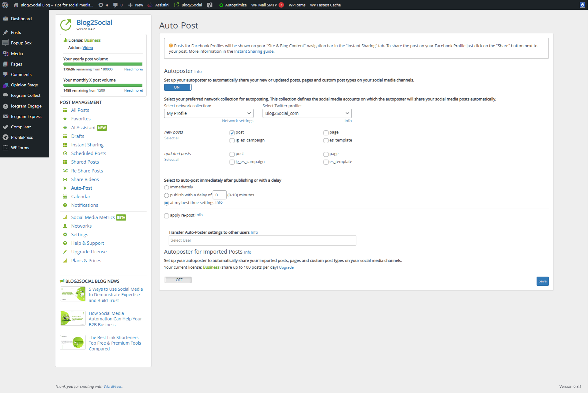 Set the function to automatically post from your blog to social media to suit your needs.