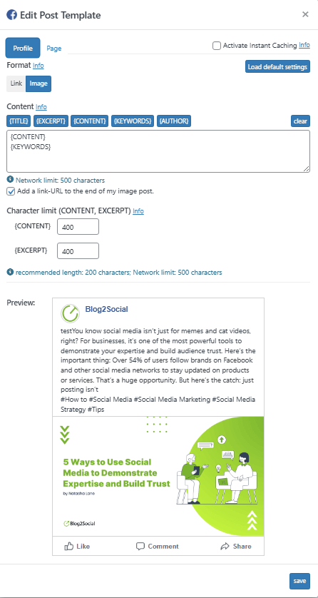 Set which information from your blog posts should be used in your social media posts.