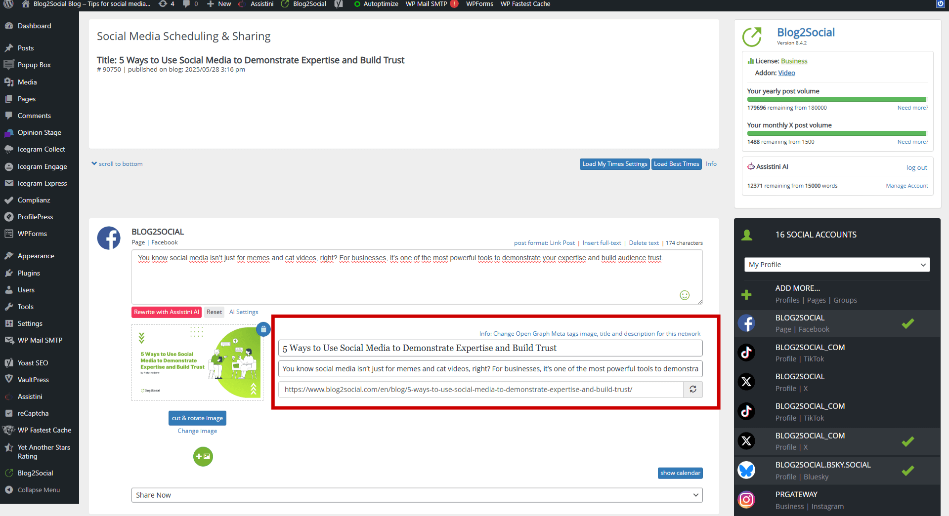 Blog2Social automatically adds Open Graph tags to your blog posts to optimize your blog posts shareability on social networks.
