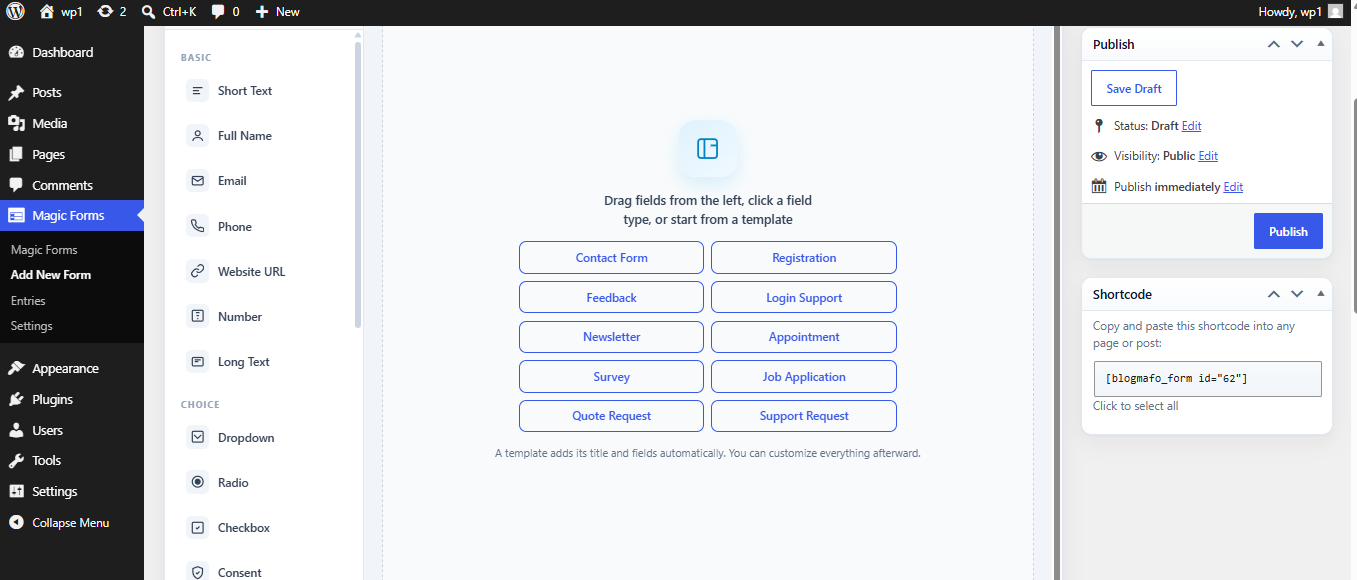 Modern drag-and-drop form builder with a searchable field palette, visual canvas, and field-properties panel.
