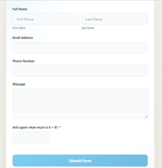 Mobile frontend form showing responsive field stacking and an accessible submit experience.