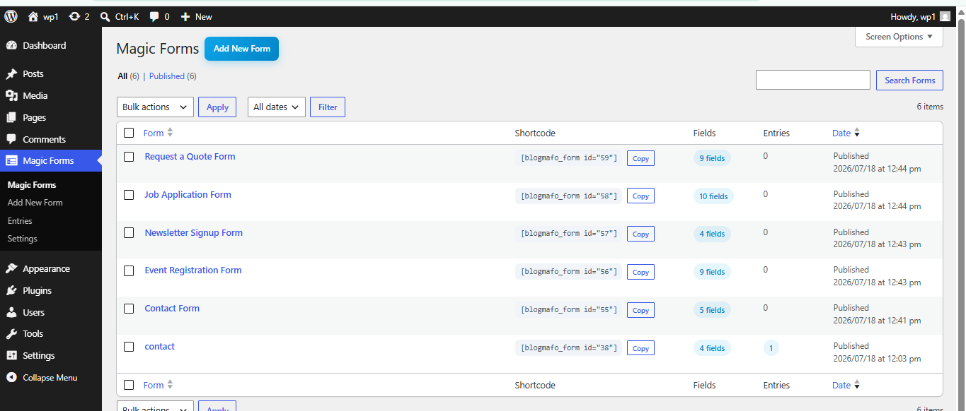 Magic Forms list showing published forms and convenient form-management actions.