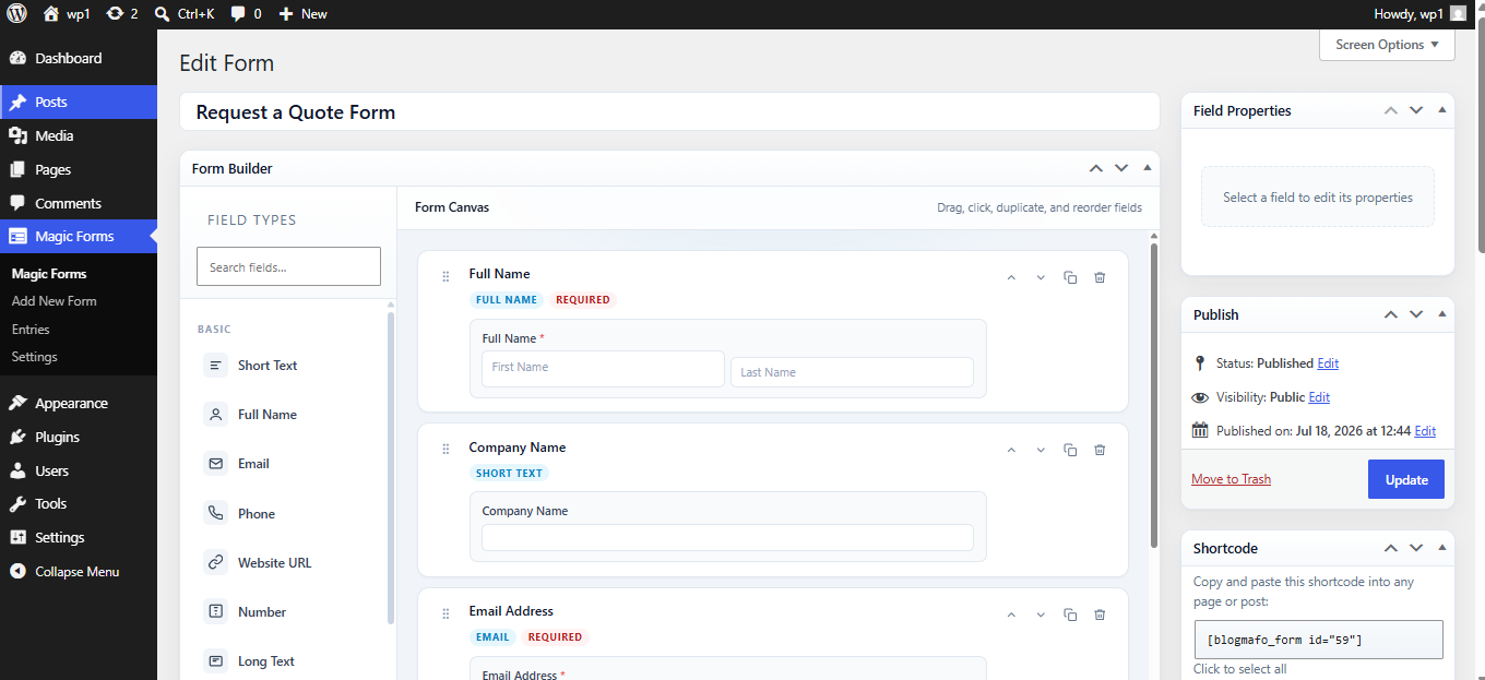 Form entries list with submission details, form and status filters, and CSV export.