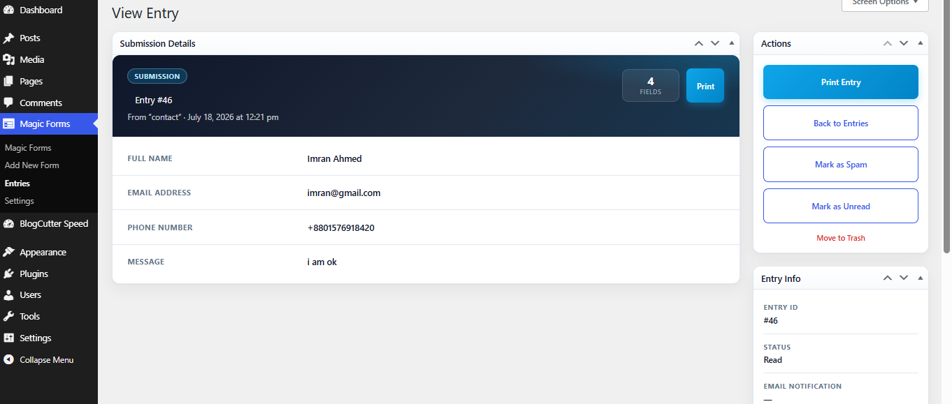 WordPress admin form editor with the visual builder and form configuration panels.