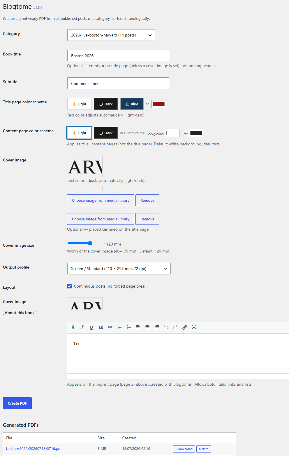 Settings page with category selection, layout and color options