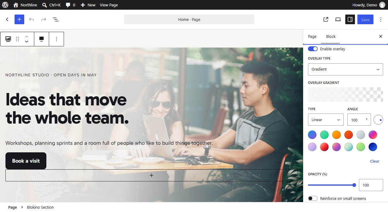 <em>Blokino Section</em> handles the backgrounds a hero needs — image, video, gradient, mesh — with an overlay you control, including a reinforcement that only applies on small screens.