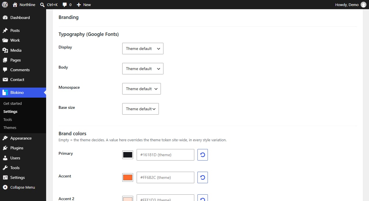 Global settings: brand colours, typefaces and shape. Left empty, the active theme decides; a value here overrides that token site-wide.