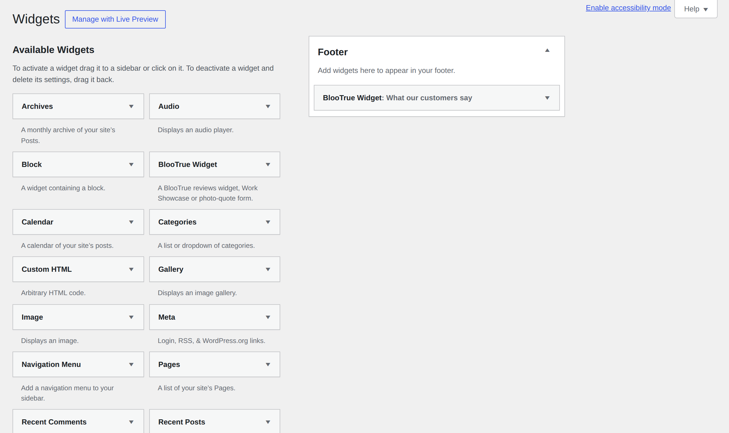 Placing a widget from Appearance → Widgets.