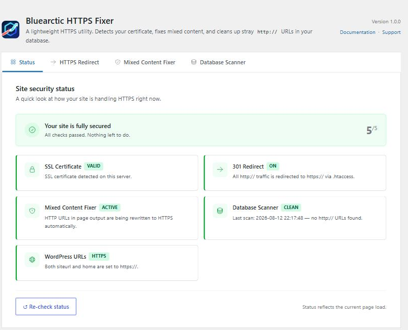 Status tab — shows SSL certificate, redirect, fixer, and WordPress URL health at a glance.