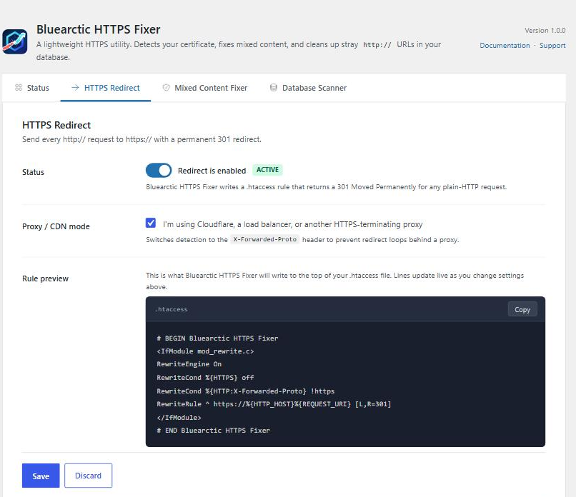 HTTPS Redirect tab — enable the 301 redirect with optional CDN/proxy mode and a live .htaccess preview.