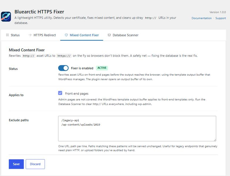 Mixed Content Fixer tab — configure the front-end URL rewriter with path exclusions.