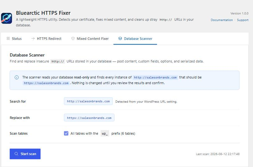 Database Scanner tab — scan all tables for http:// URLs, preview results, and fix with one click.