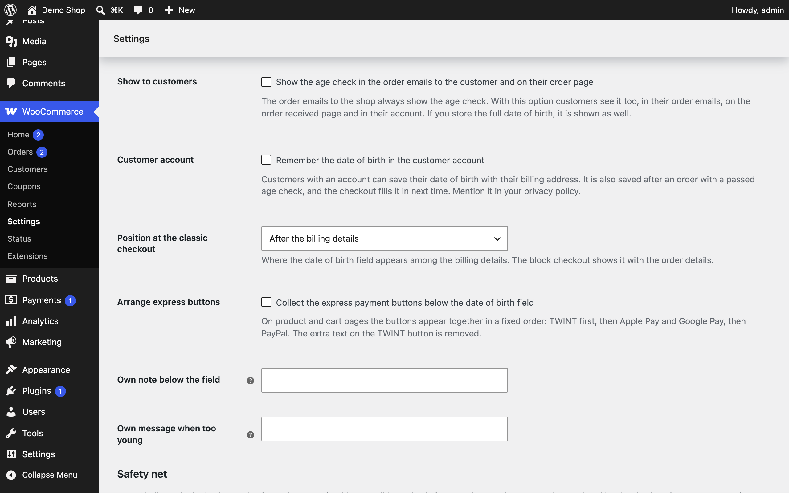 More settings: showing the age check to customers, the customer account, the position of the field, arranged express buttons and your own texts.