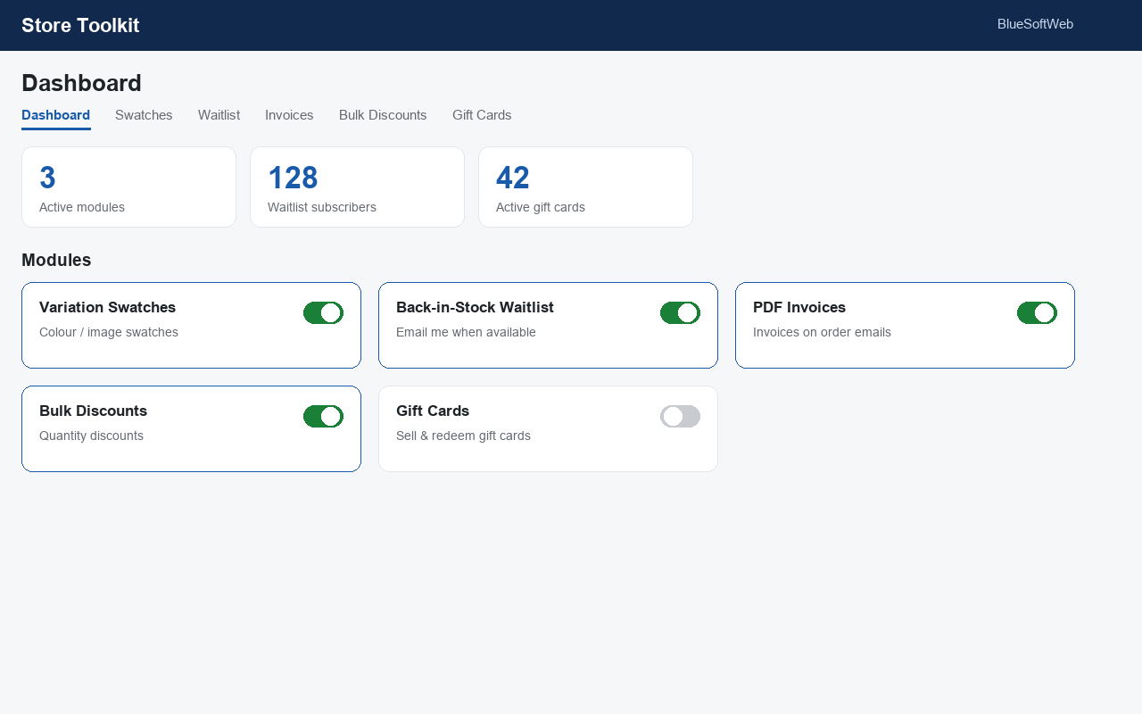One dashboard to enable each of the five tools.