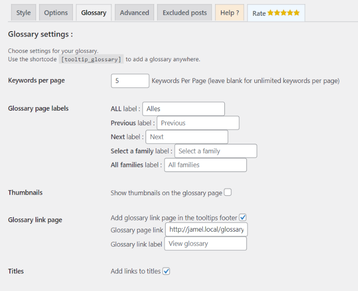 Glossary settings page