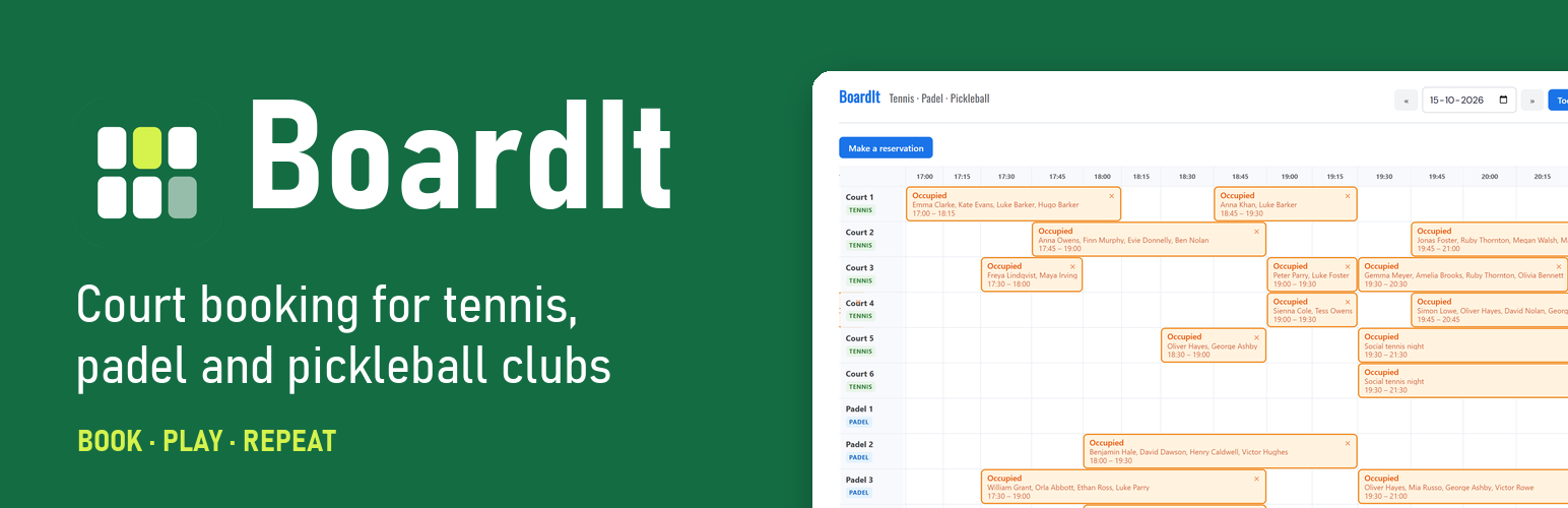 WordPress 外掛 BoardIt tennis, padel and pickleball 的封面圖片
