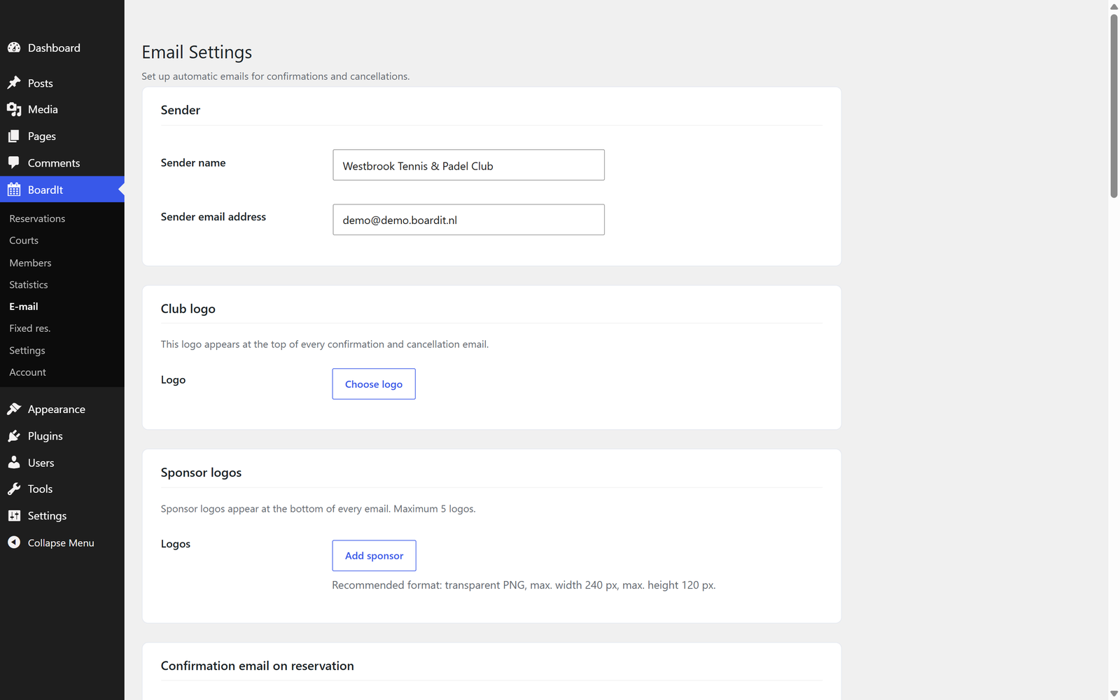 Email settings: sender, club logo and the texts of every email.