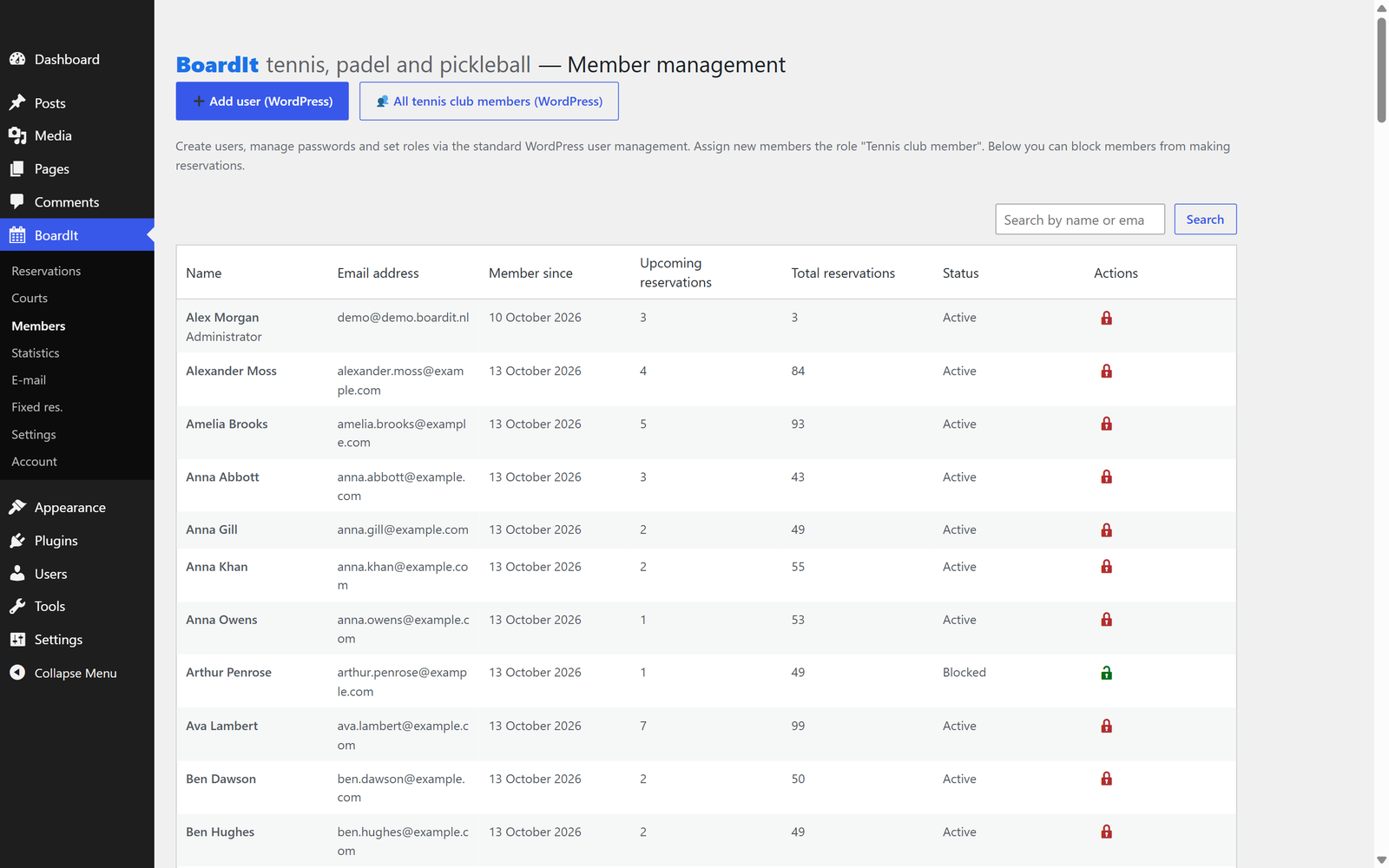 Members overview with bookings, search and blocking.